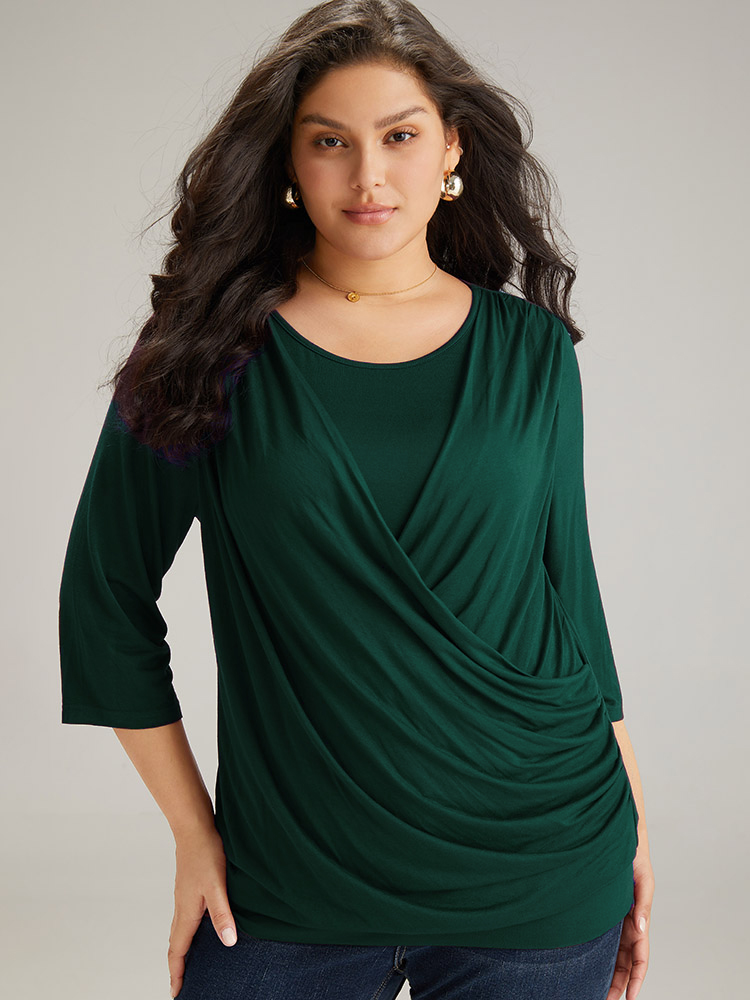 

Plus Size Supersoft Essentials Plain Crossover T-shirt DarkGreen Overlap Collar Elbow-length sleeve Elegant Jersey Tops