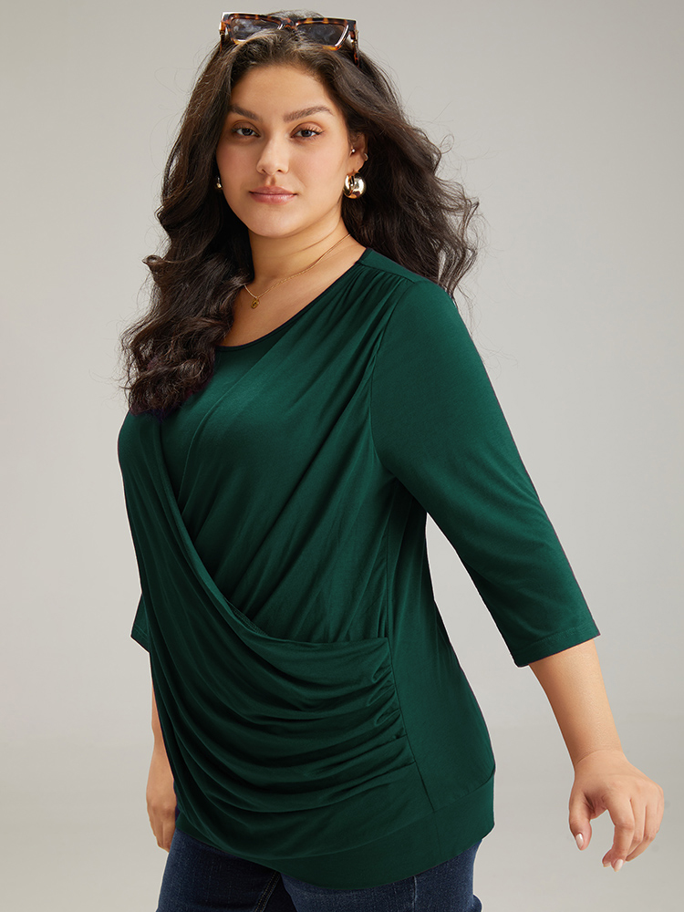 

Plus Size Supersoft Essentials Plain Crossover T-shirt DarkGreen Overlap Collar Elbow-length sleeve Elegant Jersey Tops