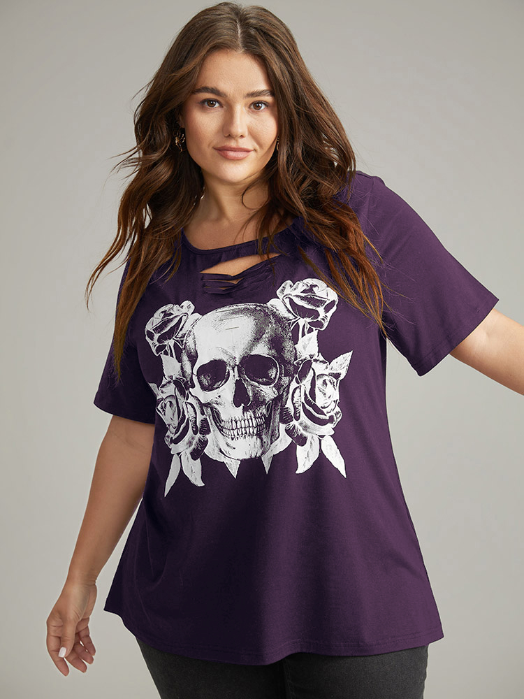 

Plus Size Halloween Skull Print Keyhole T-shirt Purple Women Casual Printed Graphic-Halloween Festival-Halloween T-shirts BloomChic