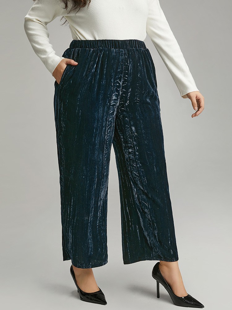 Plus Size Velvet Elastic Waist Pocket Straight Leg Pants Women Indigo Elegant Straight Leg High Rise Dailywear Pants BloomChic 26/4X 