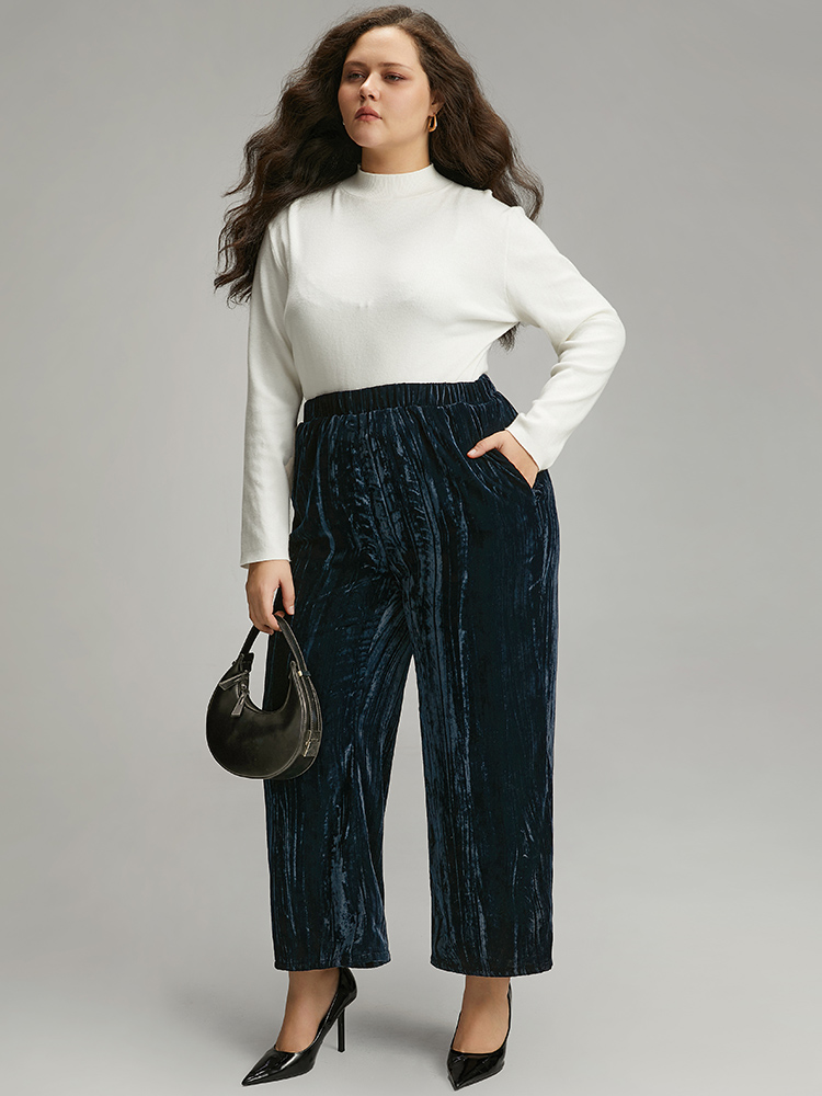 Plus Size Velvet Elastic Waist Pocket Straight Leg Pants Women Indigo Elegant Straight Leg High Rise Dailywear Pants BloomChic 26/4X 