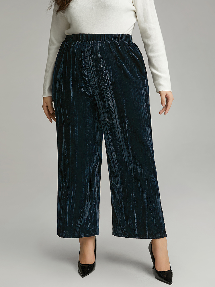 Plus Size Velvet Elastic Waist Pocket Straight Leg Pants Women Indigo Elegant Straight Leg High Rise Dailywear Pants BloomChic 26/4X 