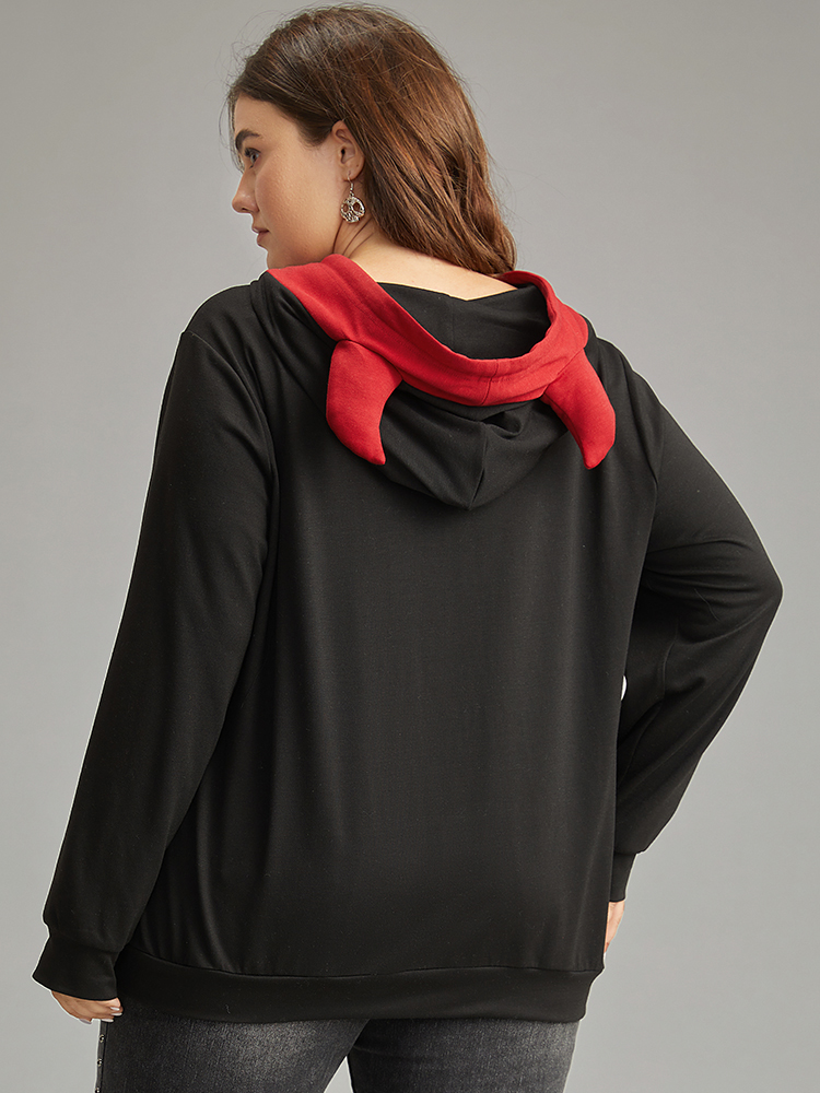 Plus Size Halloween Hooded Drawstring Contrast Pocket Sweatshirt Women Black Casual Contrast Hooded Festival-Halloween Sweatshirts BloomChic 22-24/3X 