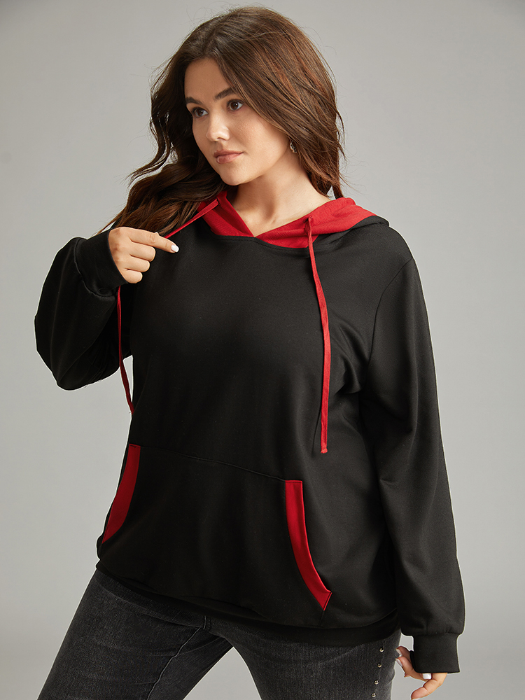 Plus Size Halloween Hooded Drawstring Contrast Pocket Sweatshirt Women Black Casual Contrast Hooded Festival-Halloween Sweatshirts BloomChic 22-24/3X 
