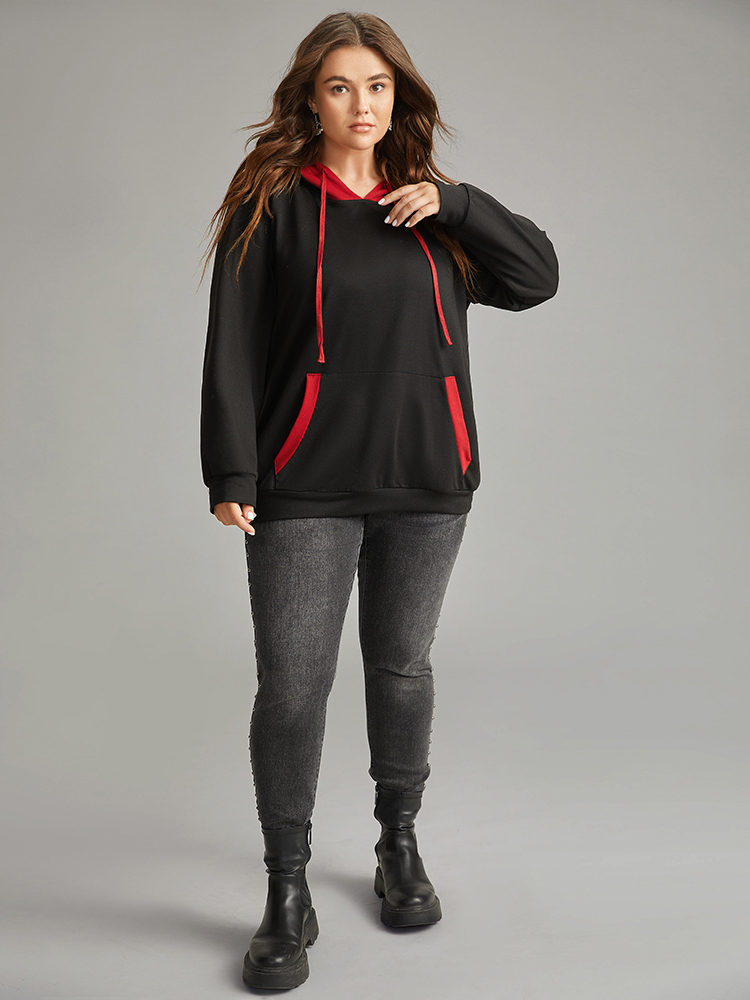 Plus Size Halloween Hooded Drawstring Contrast Pocket Sweatshirt Women Black Casual Contrast Hooded Festival-Halloween Sweatshirts BloomChic 22-24/3X 