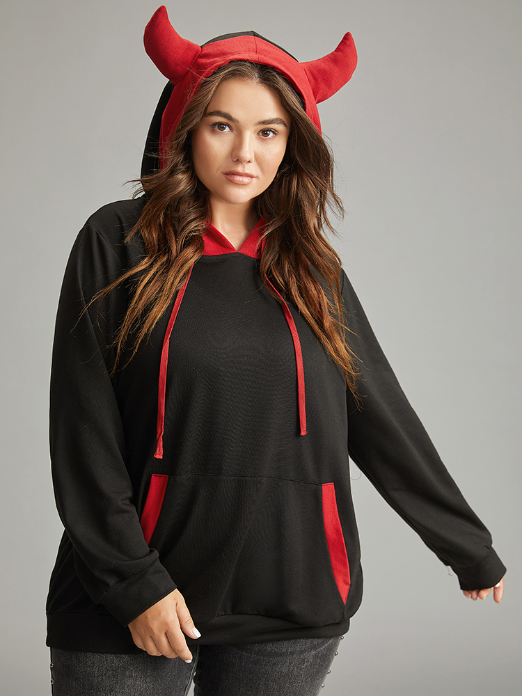 Plus Size Halloween Hooded Drawstring Contrast Pocket Sweatshirt Women Black Casual Contrast Hooded Festival-Halloween Sweatshirts BloomChic 22-24/3X 