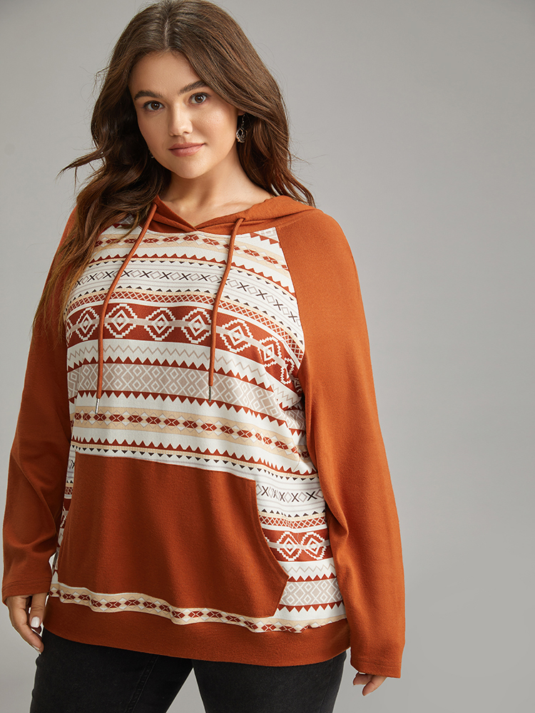 

Plus Size Boho Print Hooded Drawstring Sweatshirt Women Rust Casual Non Hooded Everyday Sweatshirts BloomChic