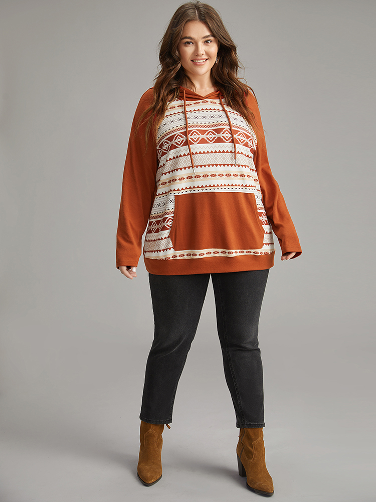 Plus Size Boho Print Hooded Drawstring Sweatshirt Women Rust Casual Non Hooded Everyday Sweatshirts BloomChic 14-16/1X 