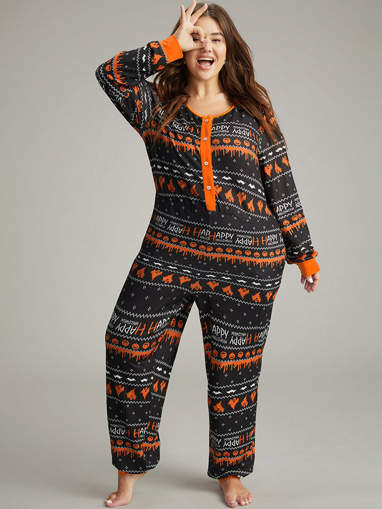 

Plus Size Halloween Print Contrast Button Up Sleep Jumpsuit Black Pocket Elastic cuffs Festival-Halloween Casual Sleep Jumpsuits/Rompers  Bloomchic