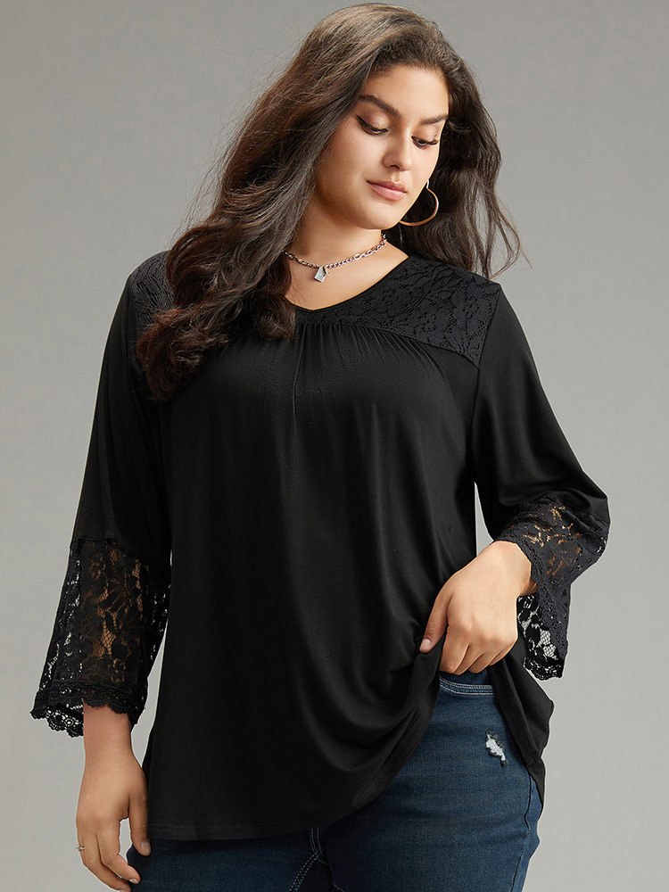 

Plus Size Solid Lace Insert V Neck T-shirt Black V-neck Long Sleeve Elegant Jersey Tops