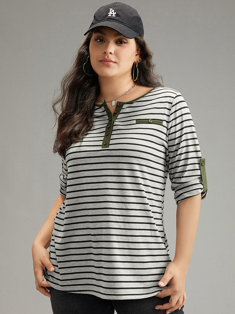 Plus Size Women Everyday Striped Contrast Regular Sleeve Long Sleeve Open Front Casual T-shirts BloomChic 