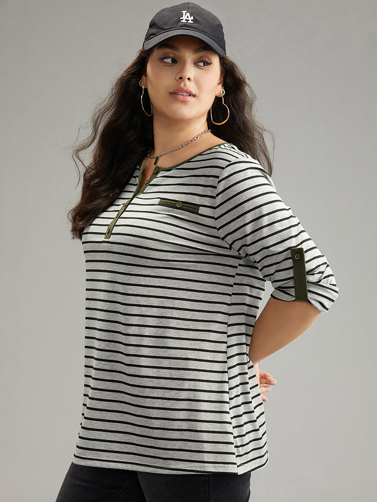 Plus Size Women Everyday Striped Contrast Regular Sleeve Long Sleeve Open Front Casual T-shirts BloomChic 