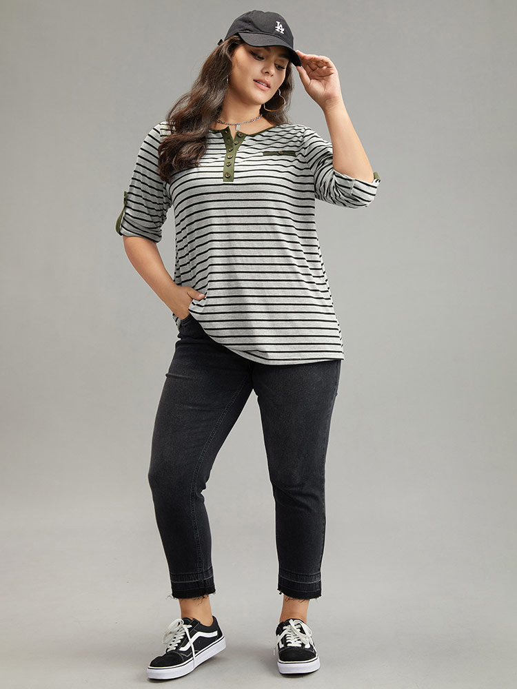 Plus Size Women Everyday Striped Contrast Regular Sleeve Long Sleeve Open Front Casual T-shirts BloomChic 