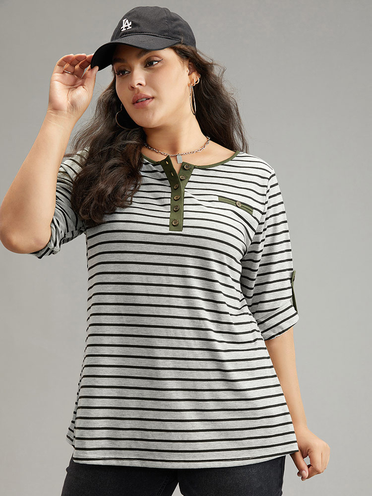 Plus Size Women Everyday Striped Contrast Regular Sleeve Long Sleeve Open Front Casual T-shirts BloomChic 
