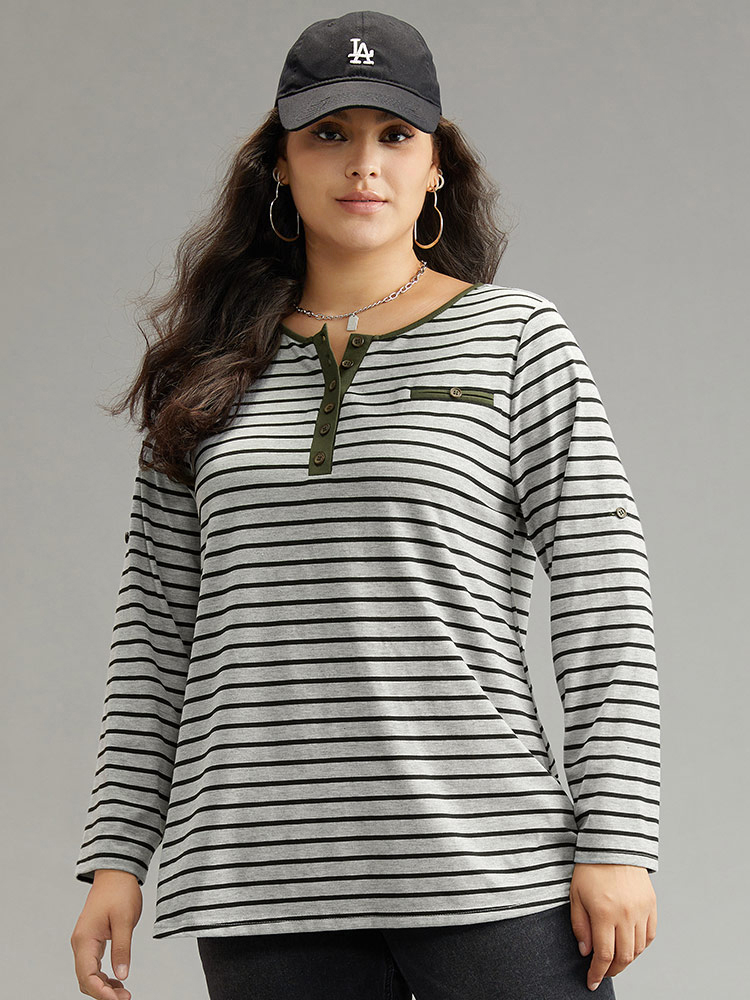 Plus Size Women Everyday Striped Contrast Regular Sleeve Long Sleeve Open Front Casual T-shirts BloomChic 