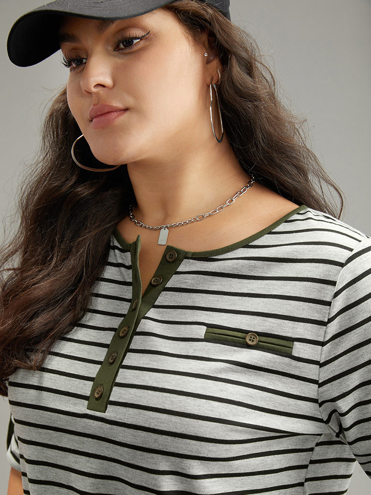 Plus Size Women Everyday Striped Contrast Regular Sleeve Long Sleeve Open Front Casual T-shirts BloomChic 