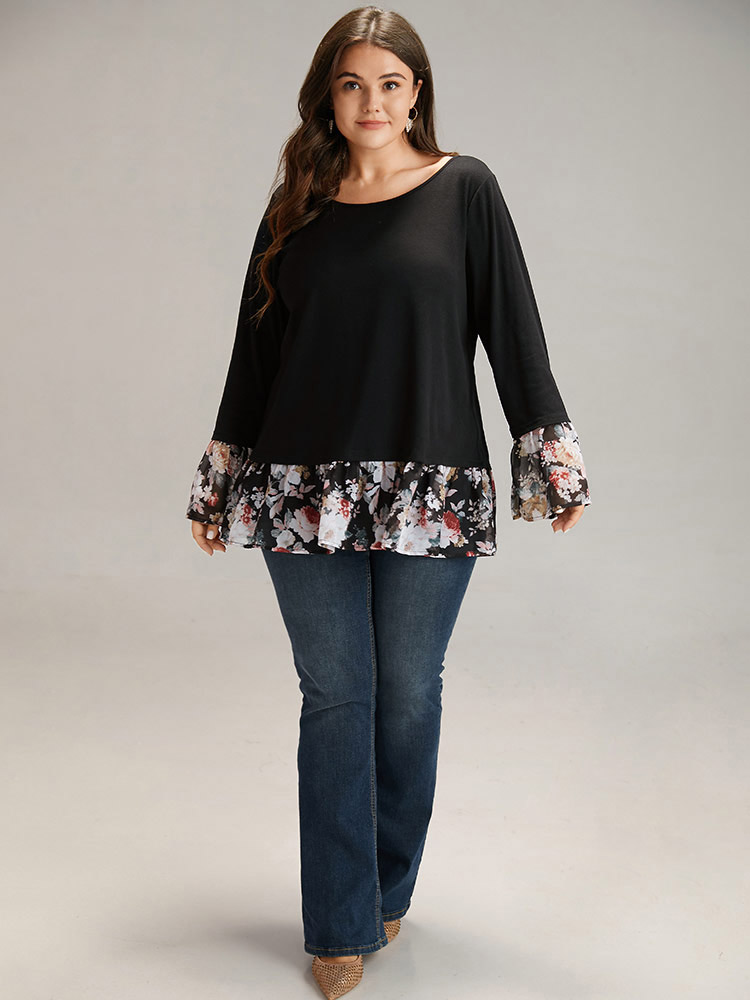 

Plus Size Floral Patchwork Round Neck Bell Sleeve T-shirt Black Round Neck Long Sleeve Casual Jersey Tops