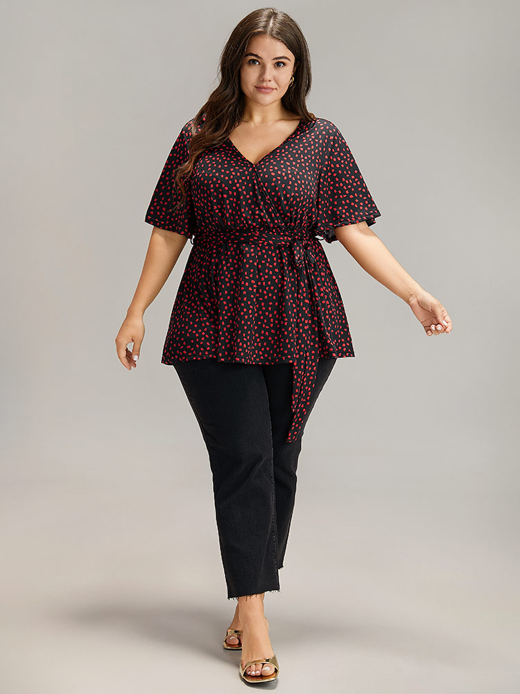 

Plus Size Polka Dot Belted Wrap Ruffle Sleeve T-shirt Black V-neck Short sleeve Elegant Jersey Tops