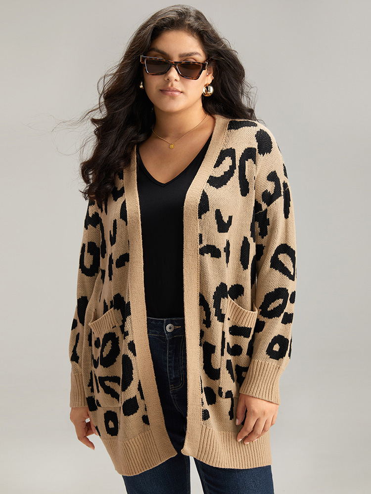 

Plus Size Leopard Elastic Cuffs Drop Shoulder Cardigan Leopard Women Casual Loose Long Sleeve Everyday Cardigans BloomChic