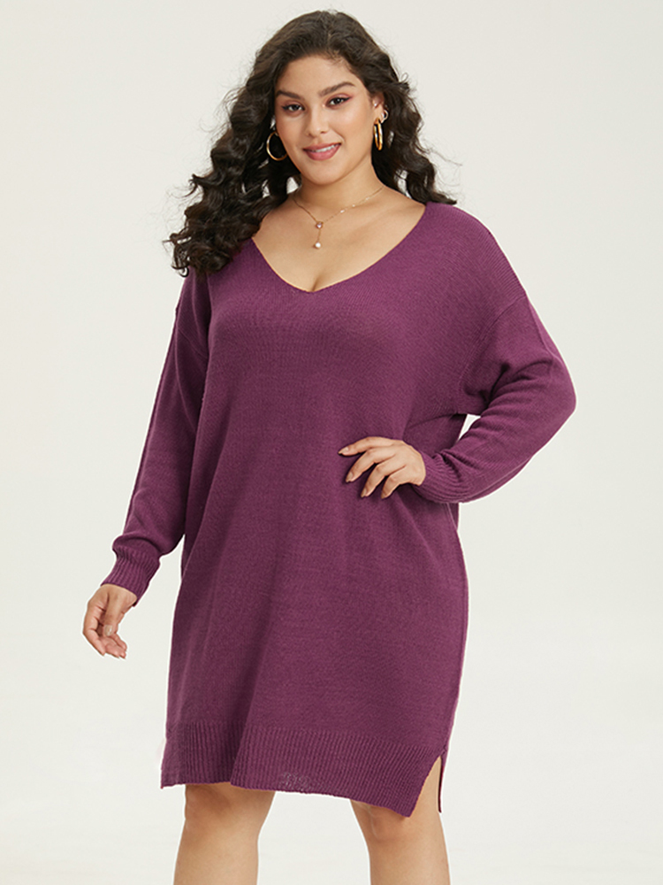 Plus Size Sweater Dresses | Plain Split Side Elastic Cuffs Sweater Dress | BloomChic 