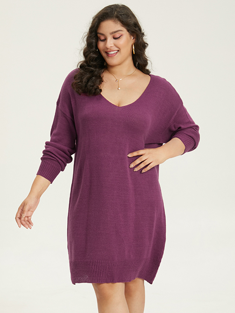 Plus Size Sweater Dresses | Plain Split Side Elastic Cuffs Sweater Dress | BloomChic 