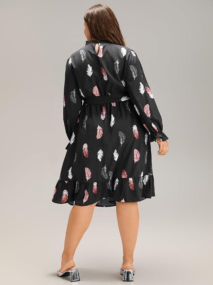 

Plus Size Feather Print Frill Trim Belted Ruffle Hem Dress BlackFlower Women At the Office Gathered Stand-up collar Long Sleeve Curvy Knee Dress BloomChic