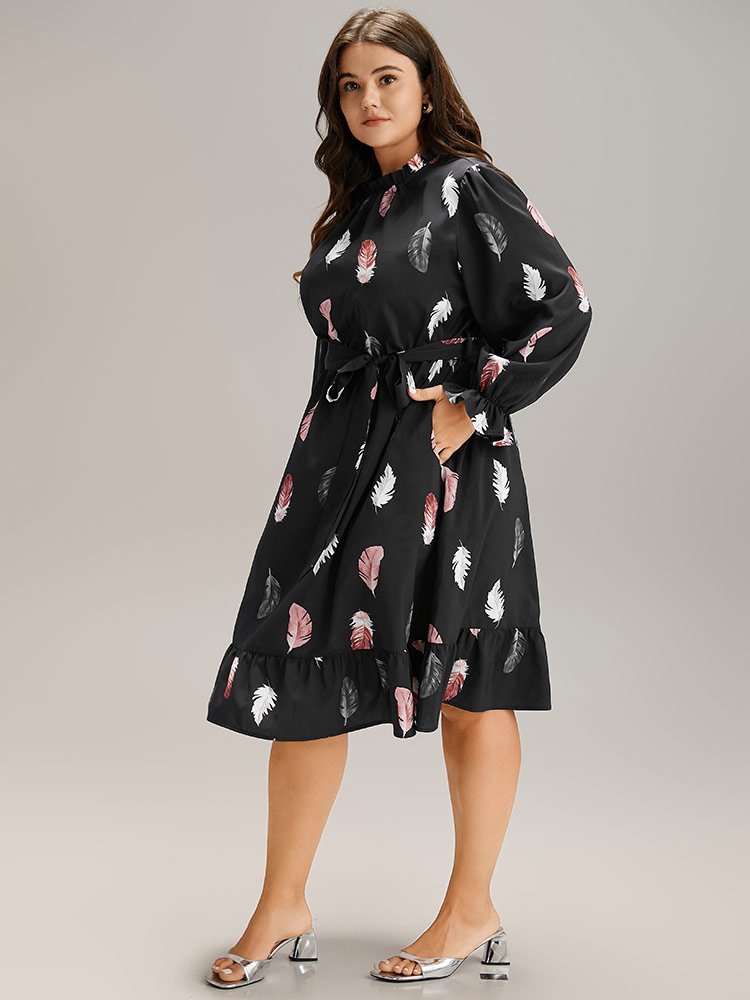 Plus Size Feather Print Frill Trim Belted Ruffle Hem Dress BlackFlower Women At the Office Gathered Stand-up collar Long Sleeve Curvy Knee Dress BloomChic 10/M 