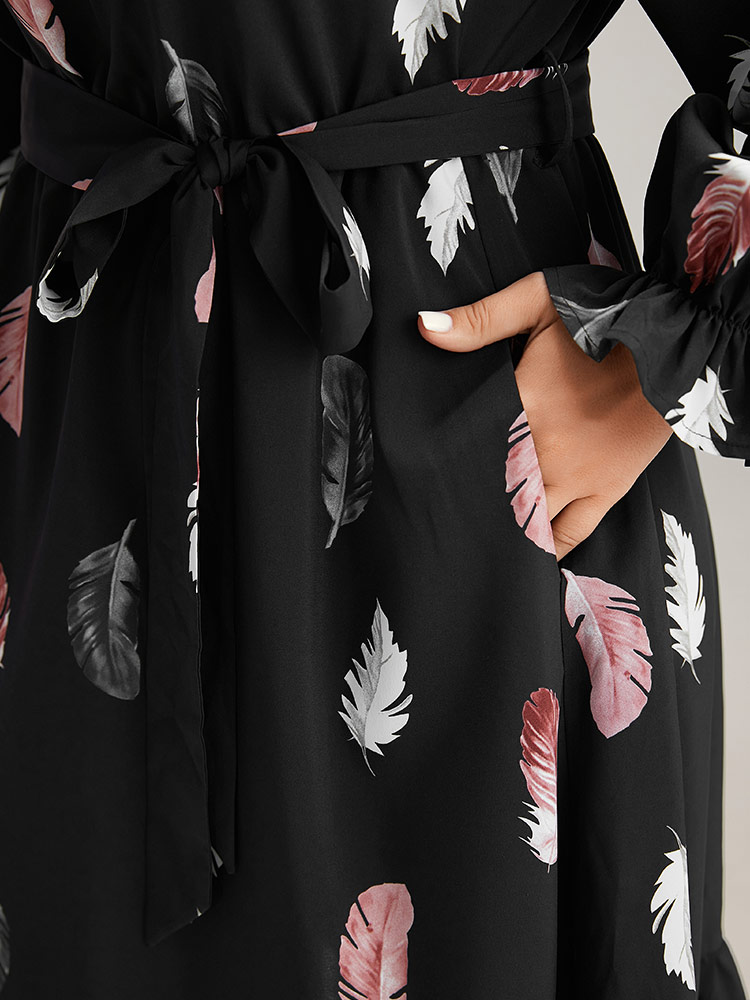 Plus Size Feather Print Frill Trim Belted Ruffle Hem Dress BlackFlower Women At the Office Gathered Stand-up collar Long Sleeve Curvy Knee Dress BloomChic 10/M 