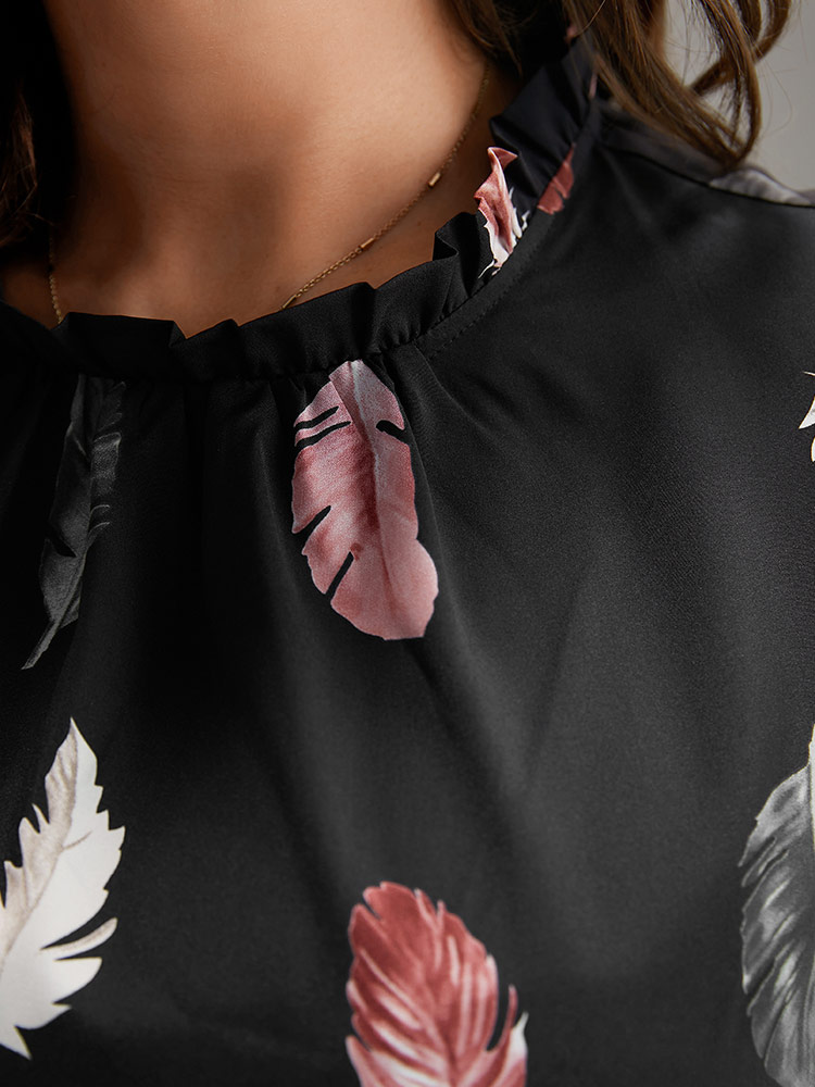 Plus Size Feather Print Frill Trim Belted Ruffle Hem Dress BlackFlower Women At the Office Gathered Stand-up collar Long Sleeve Curvy Knee Dress BloomChic 10/M 