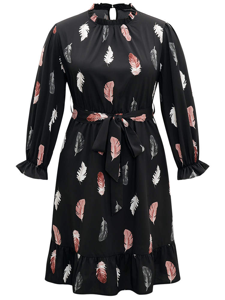 Plus Size Feather Print Frill Trim Belted Ruffle Hem Dress BlackFlower Women At the Office Gathered Stand-up collar Long Sleeve Curvy Knee Dress BloomChic 10/M 