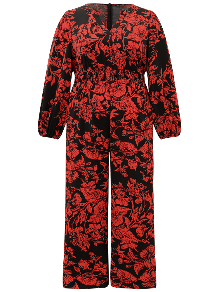 

Plus Size Black Silhouette Floral Print Notched Shirred Jumpsuit Women Elegant Long Sleeve Notched collar Dailywear Loose Jumpsuits BloomChic