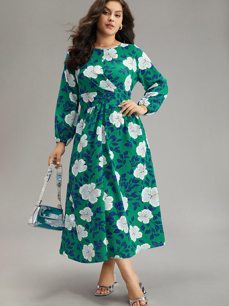 

Plus Size Floral Print Ruched Patchwork Elastic Cuffs Dress Emerald Women Elegant Elastic cuffs Round Neck Long Sleeve Curvy Midi Dress BloomChic