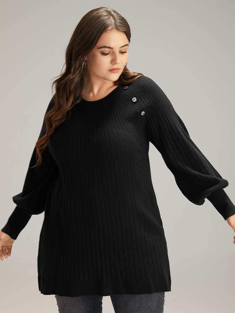 

Plus Size Supersoft Essentials Anti-Pilling Button Detail Pullover Black Women Casual Loose Long Sleeve Round Neck Dailywear Pullovers BloomChic