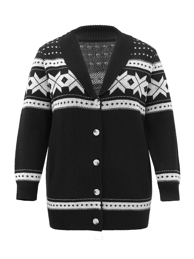 

Plus Size Geometric Contrast Button Through Cardigan Black Women Casual Loose Long Sleeve Dailywear Cardigans BloomChic