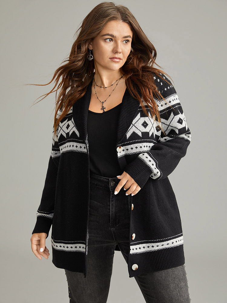 Plus Size Cardigans | Geometric Contrast Button Through Cardigan | BloomChic 