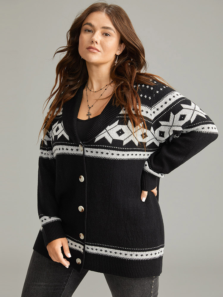 

Plus Size Geometric Contrast Button Through Cardigan Black Women Casual Loose Long Sleeve Dailywear Cardigans BloomChic