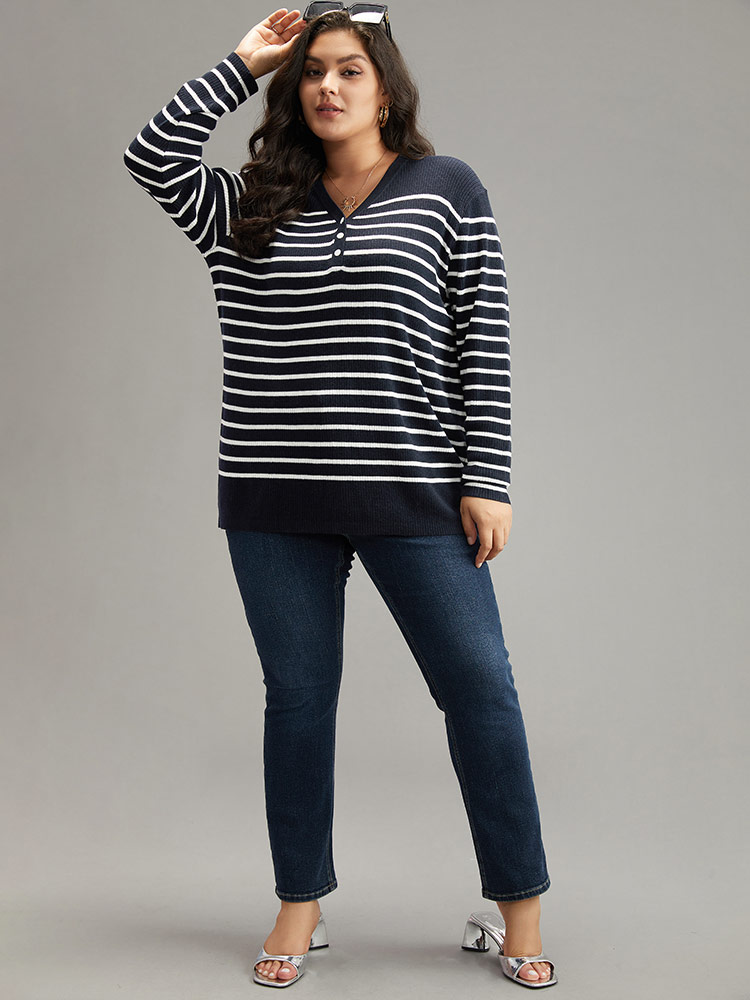 

Plus Size Supersoft Essentials Striped Button Through Pullover Midnight Women Casual Loose Long Sleeve V-neck Dailywear Pullovers BloomChic