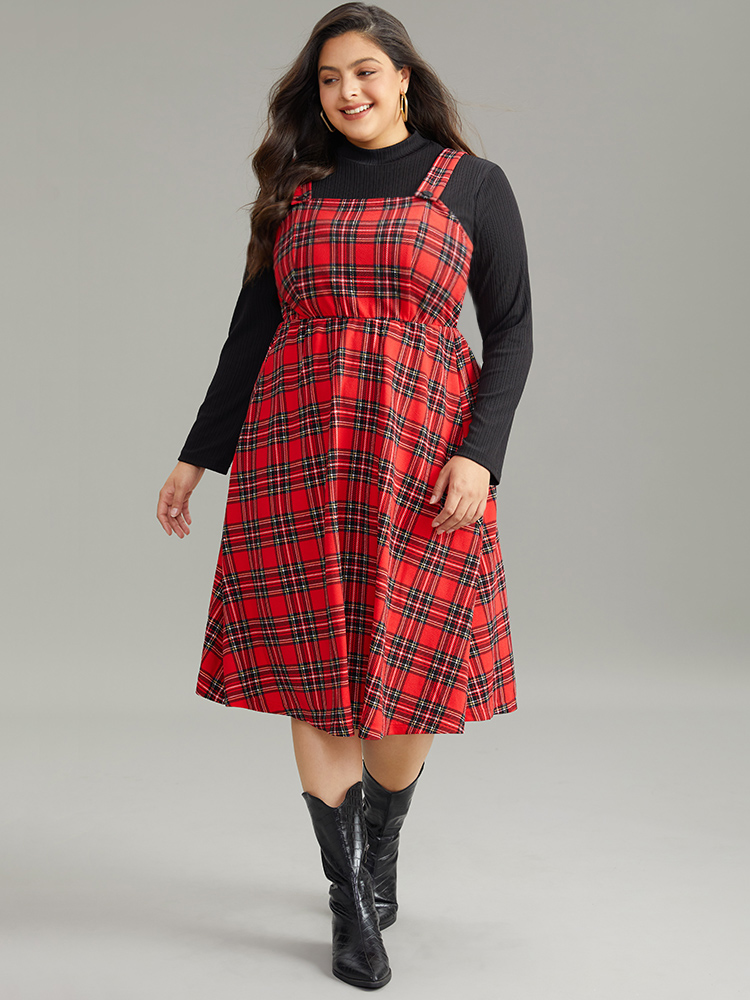 Plus Size Plaid Button Up Adjustable Straps Dress Red Women Casual Adjustable Straps Spaghetti Strap Sleeveless Curvy Midi Dress BloomChic 12/L 