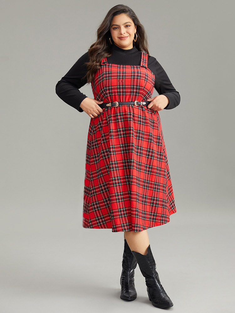 Plus Size Plaid Button Up Adjustable Straps Dress Red Women Casual Adjustable Straps Spaghetti Strap Sleeveless Curvy Midi Dress BloomChic 12/L 