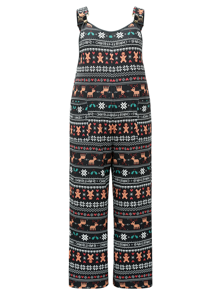 Plus Size Black Christmas Print Adjustable Straps Jumpsuit Women Casual Sleeveless Spaghetti Strap Dailywear Loose Jumpsuits BloomChic 12/L 