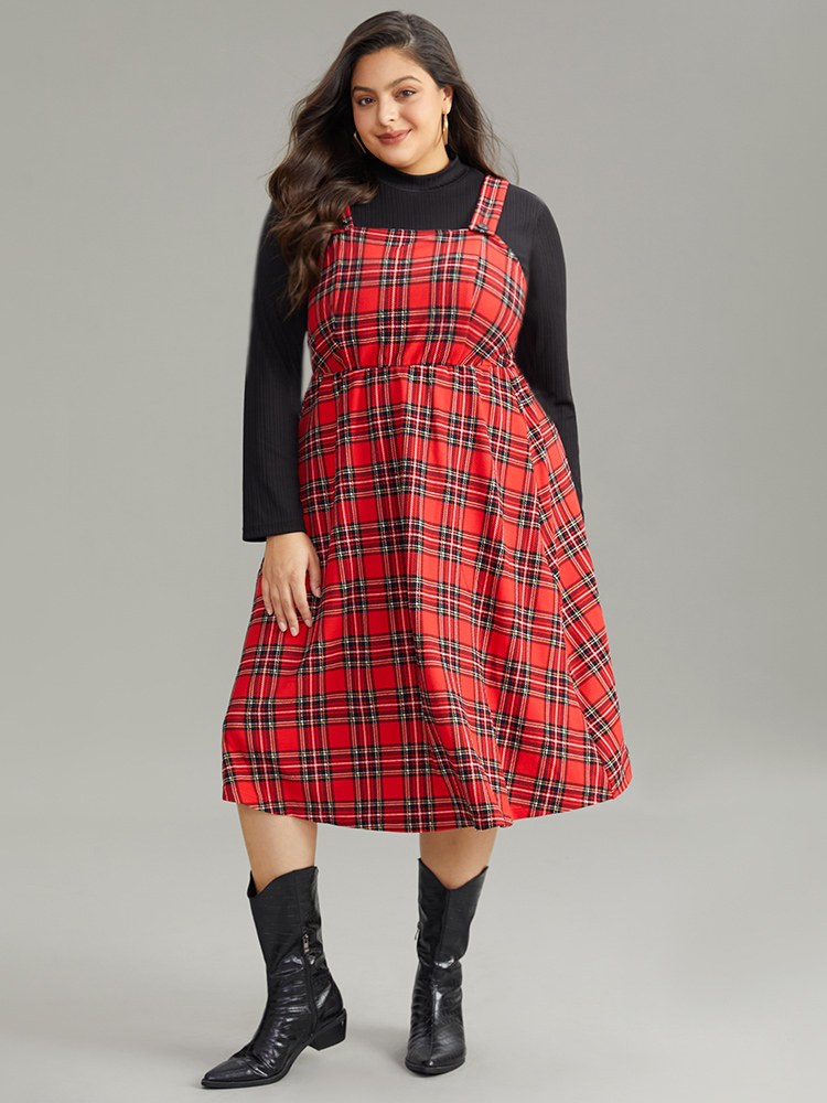 Plus Size Plaid Button Up Adjustable Straps Dress Red Women Casual Adjustable Straps Spaghetti Strap Sleeveless Curvy Midi Dress BloomChic 12/L 