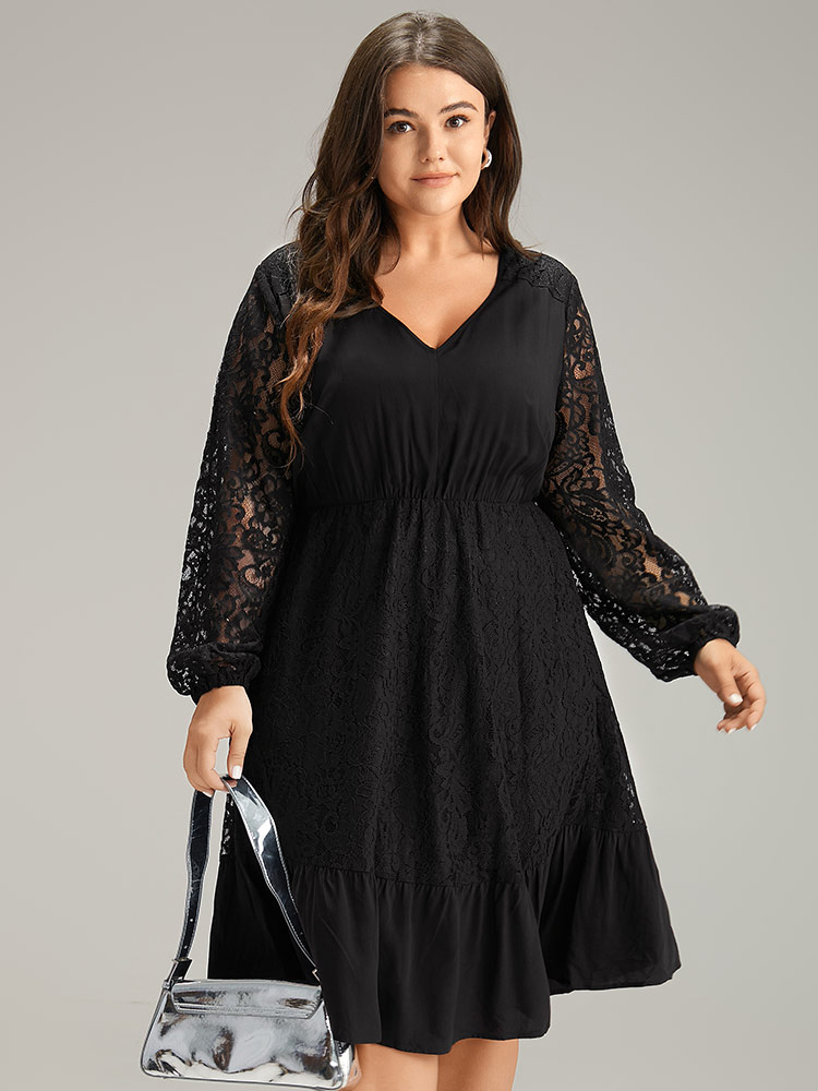 

Plus Size Lace Panel Mesh Flutter Hem Dress Black Women Elegant Elastic cuffs V-neck Long Sleeve Curvy Midi Dress BloomChic