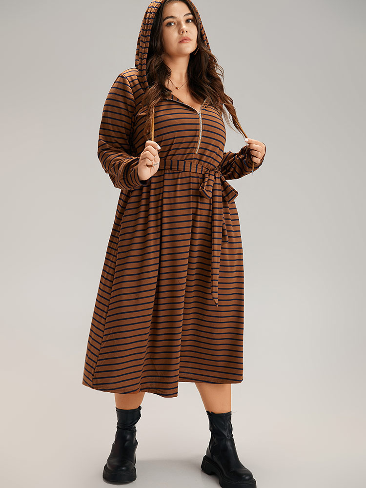 Plus Size Women Everyday Striped Drawstring Regular Sleeve Long Sleeve Hooded Pocket Belt Casual Dresses BloomChic 