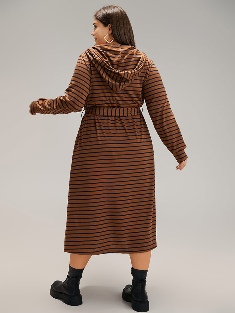 Plus Size Women Everyday Striped Drawstring Regular Sleeve Long Sleeve Hooded Pocket Belt Casual Dresses BloomChic 