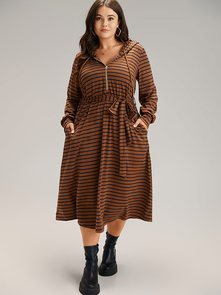 Plus Size Women Everyday Striped Drawstring Regular Sleeve Long Sleeve Hooded Pocket Belt Casual Dresses BloomChic 