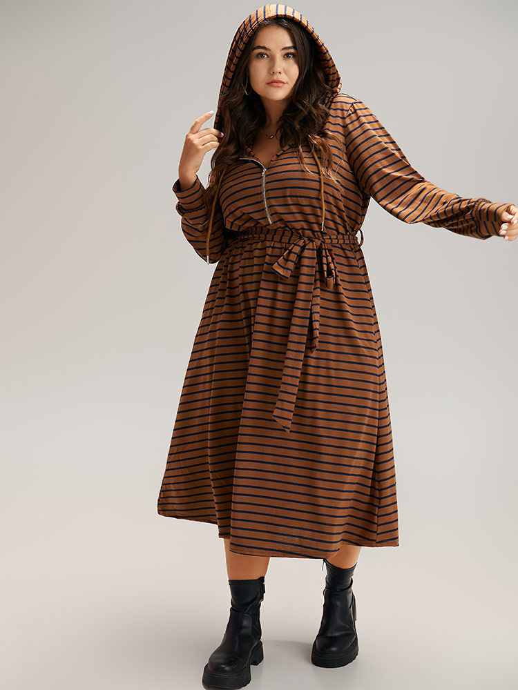 Plus Size Women Everyday Striped Drawstring Regular Sleeve Long Sleeve Hooded Pocket Belt Casual Dresses BloomChic 