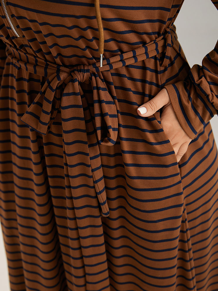Plus Size Women Everyday Striped Drawstring Regular Sleeve Long Sleeve Hooded Pocket Belt Casual Dresses BloomChic 