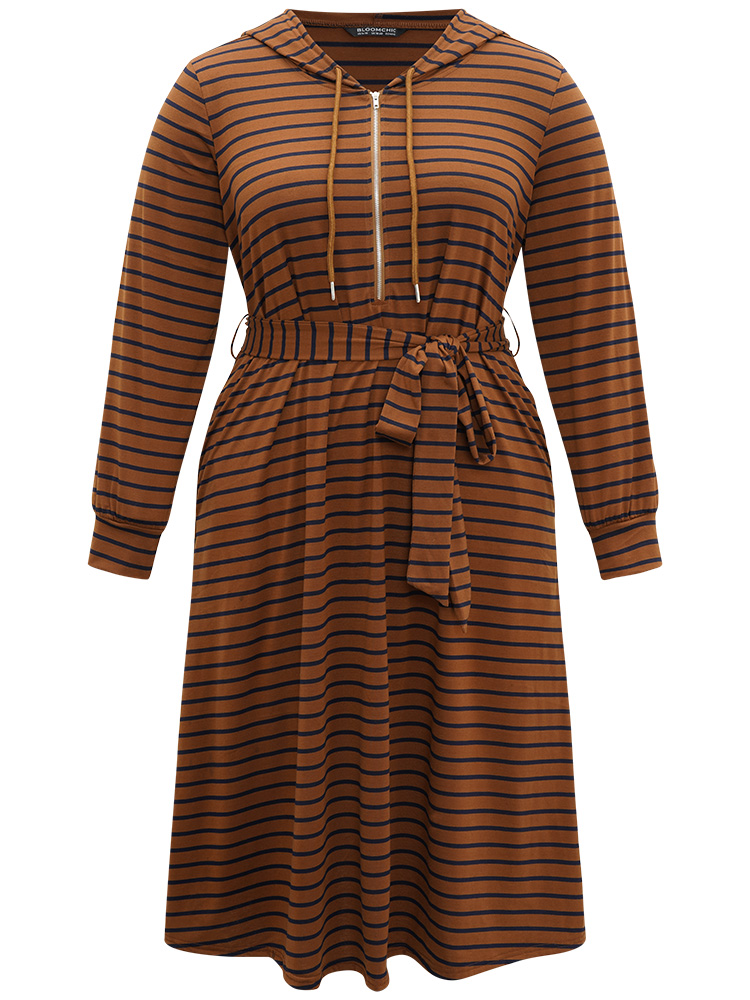Plus Size Women Everyday Striped Drawstring Regular Sleeve Long Sleeve Hooded Pocket Belt Casual Dresses BloomChic 