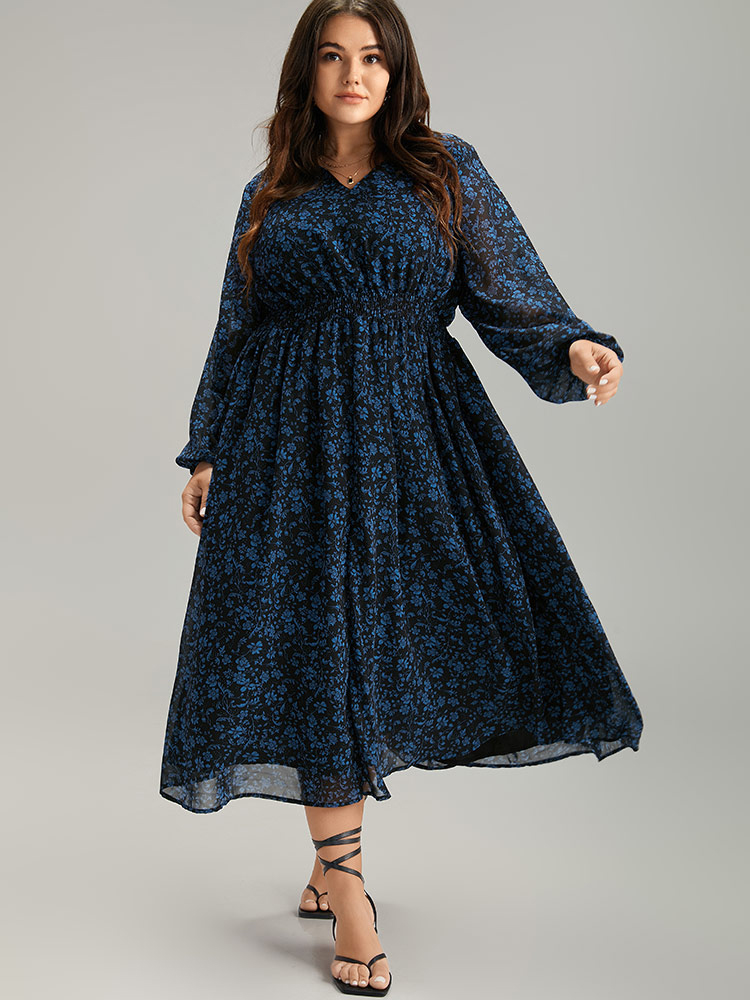 

Plus Size Chiffon Ditsy Floral Pocket Shirred Cuffs Dress Black Women Elegant Elastic cuffs V-neck Long Sleeve Curvy Midi Dress BloomChic