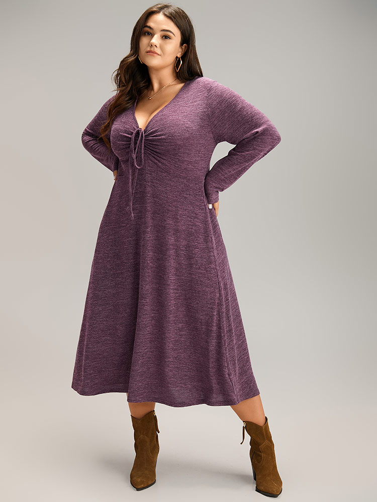 

Plus Size Solid Ruched Drawstring Bowknot Pocket Dress Purple Women Casual Gathered Tie Neck Long Sleeve Curvy Midi Dress BloomChic